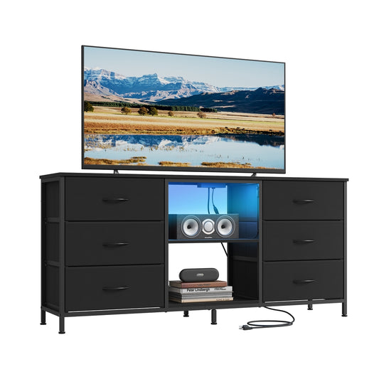 6 Drawer Dresser TV Stand With LED Lights & Outlets, 57.8 Inch - product photo 01