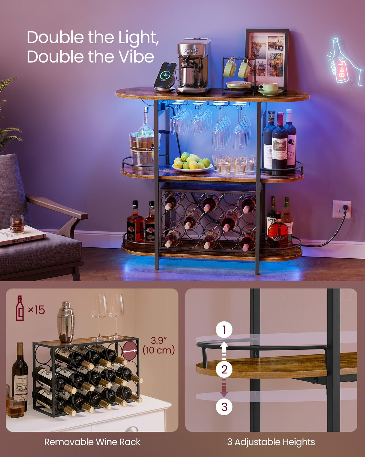 Bar Cabinet With LED Lights And Power Outlets - product photo 06