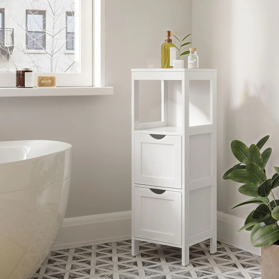 Bathroom Floor Cabinet With 2 Drawers Slim Storage 35in High – product view 5 | Amaraloft