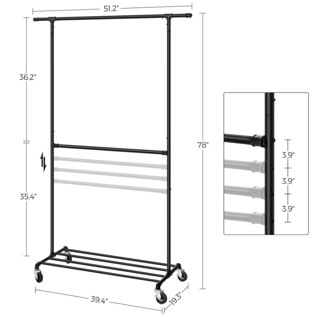 Clothing Rack Double Rod Rolling Garment Rack Heavy Duty – product view 7 | Amaraloft