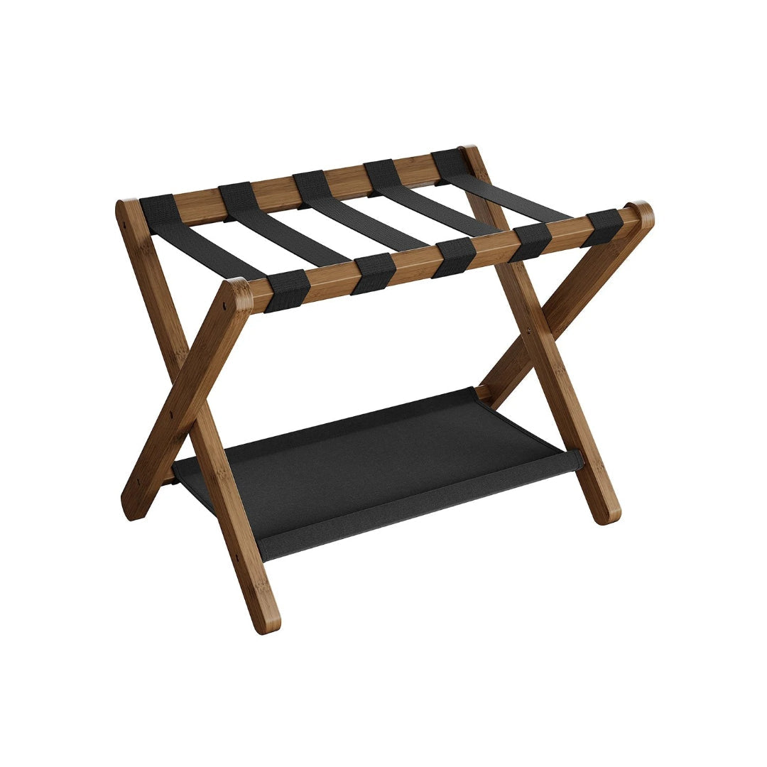 Folding Luggage Rack With Storage Shelf Bamboo Suitcase Stand – product view 2 | Amaraloft