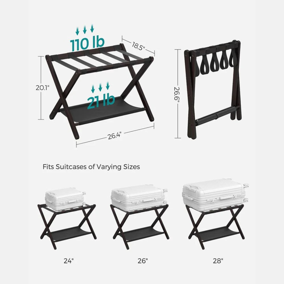 Folding Luggage Rack With Storage Shelf Bamboo Suitcase Stand – product view 10 | Amaraloft