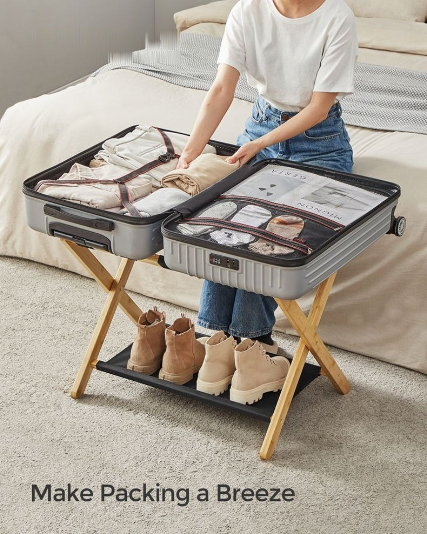 Folding Luggage Rack With Storage Shelf Bamboo Suitcase Stand – product view 14 | Amaraloft