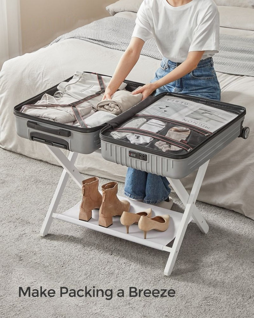 Folding Luggage Rack With Storage Shelf Bamboo Suitcase Stand – product view 16 | Amaraloft