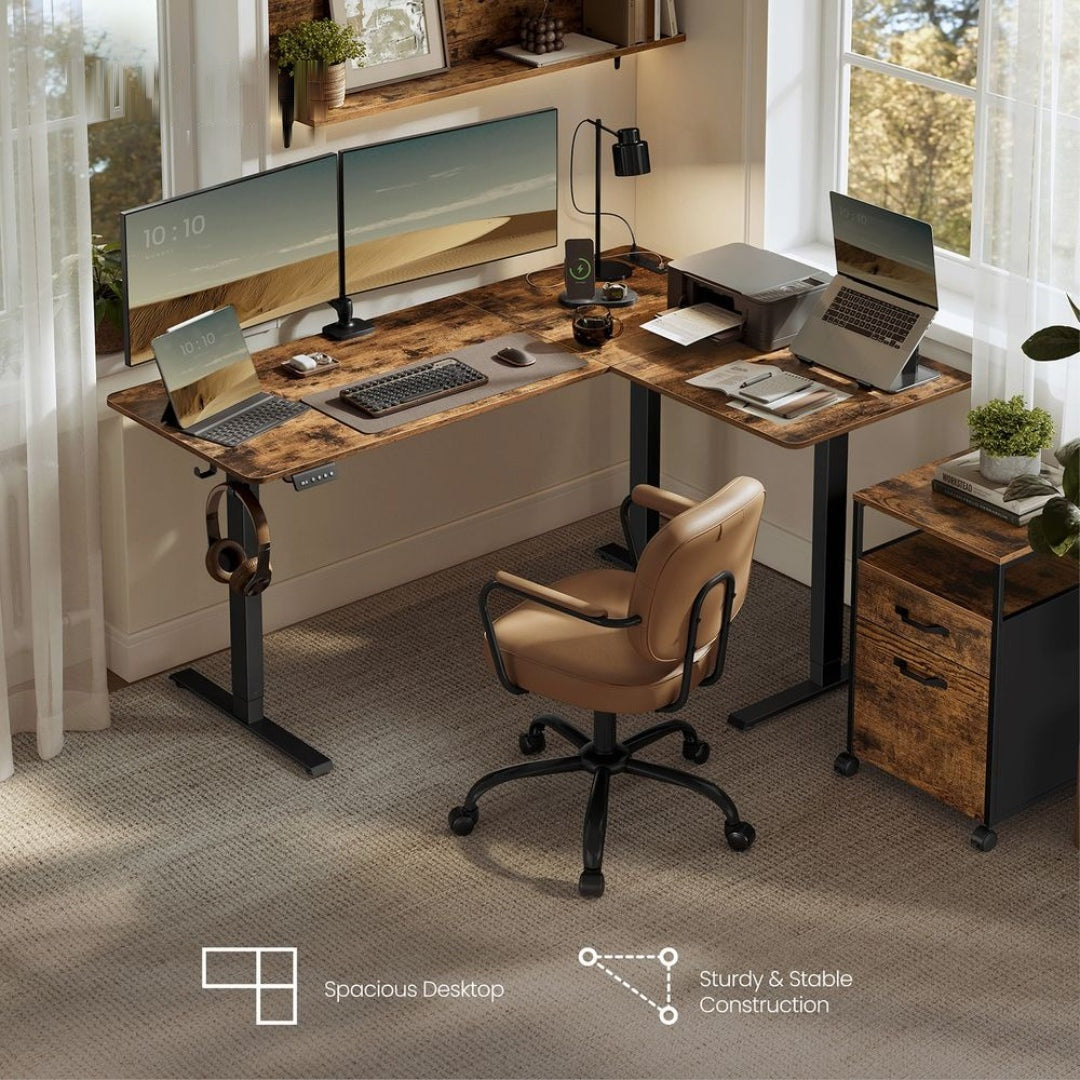 L Shaped Electric Standing Desk With Power Outlets – product view 3 | Amaraloft