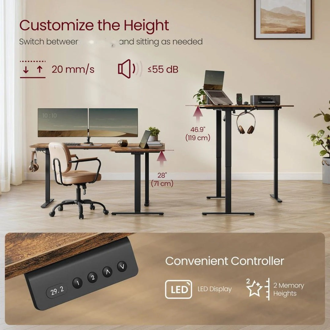 L Shaped Electric Standing Desk With Power Outlets – product view 4 | Amaraloft