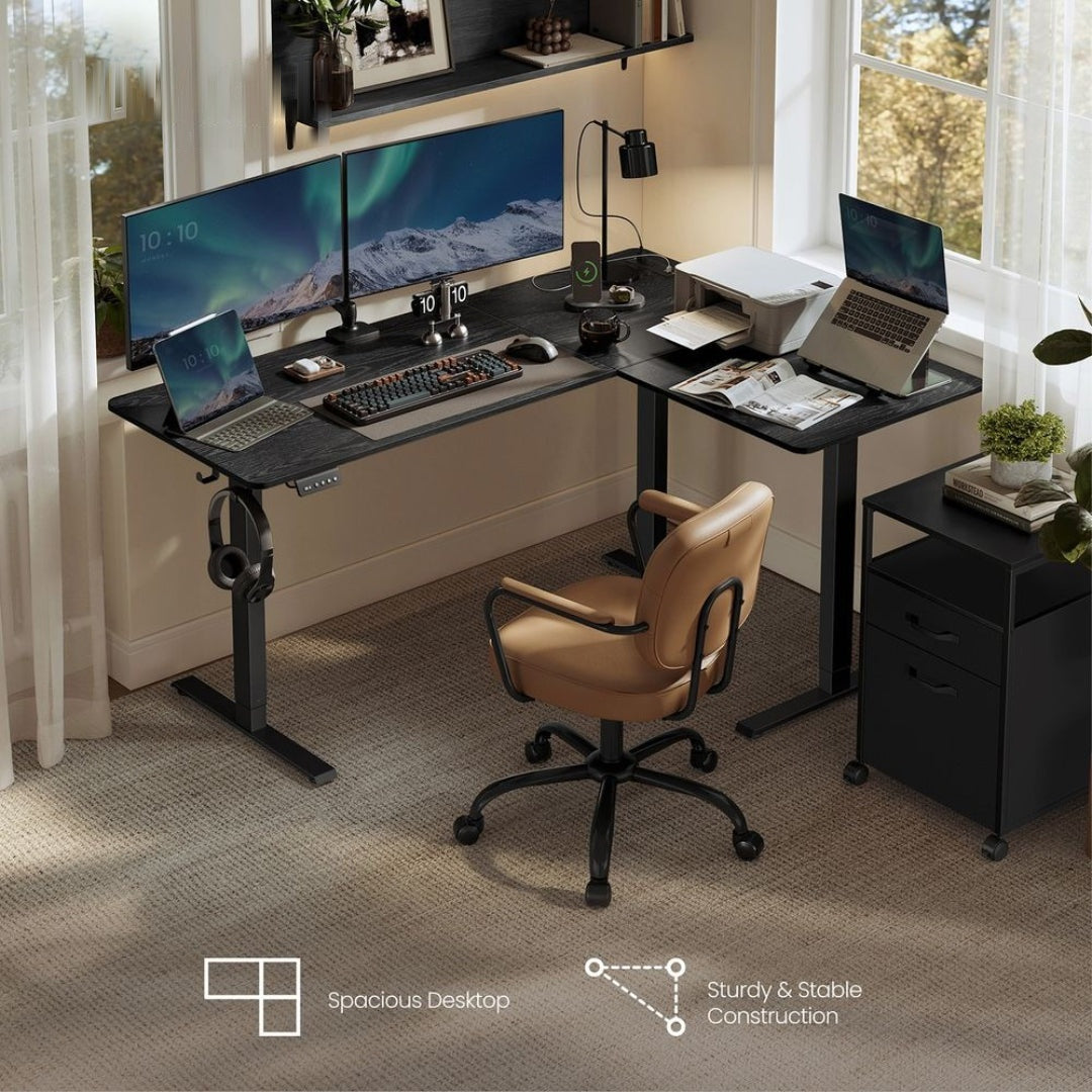 L Shaped Electric Standing Desk With Power Outlets – product view 8 | Amaraloft