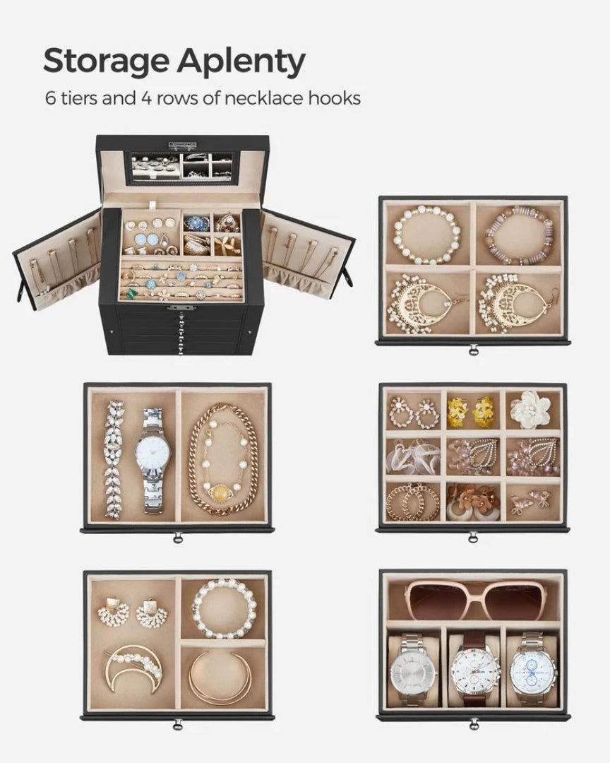 Large Jewelry Box Organizer 6 Tier With Drawers Mirror And Lock – product view 5 | Amaraloft