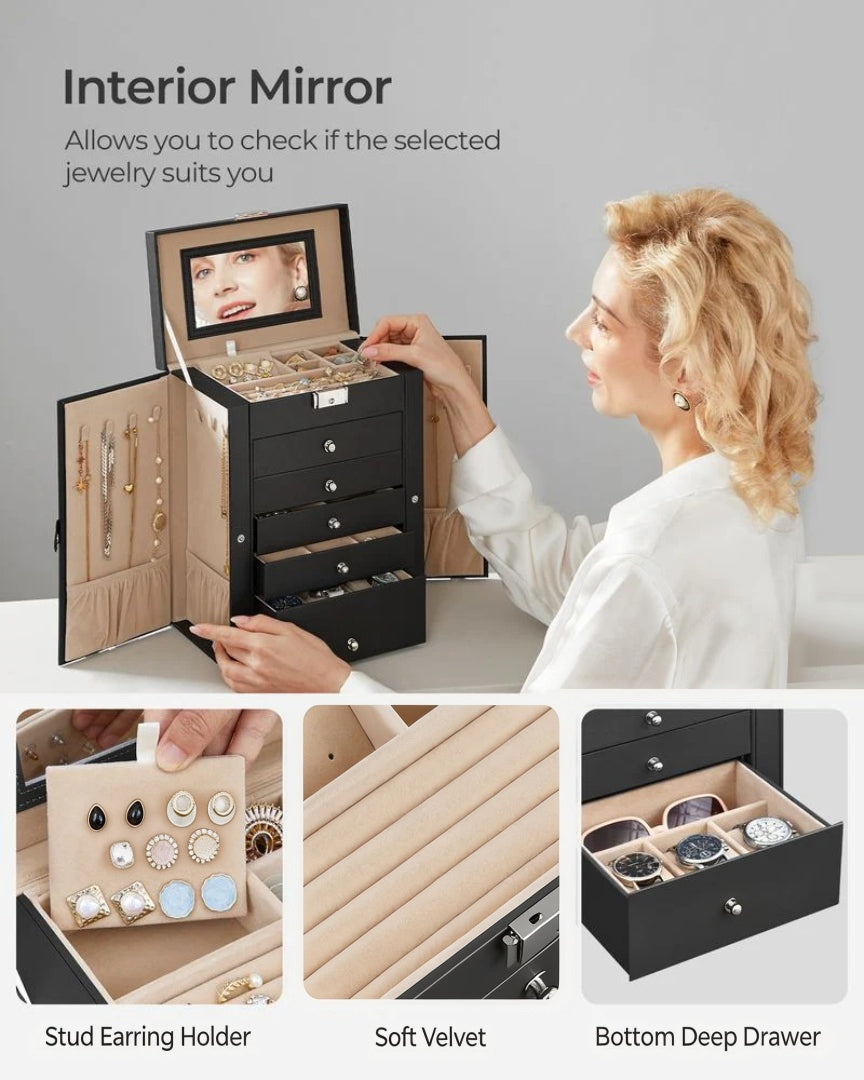 Large Jewelry Box Organizer 6 Tier With Drawers Mirror And Lock – product view 7 | Amaraloft