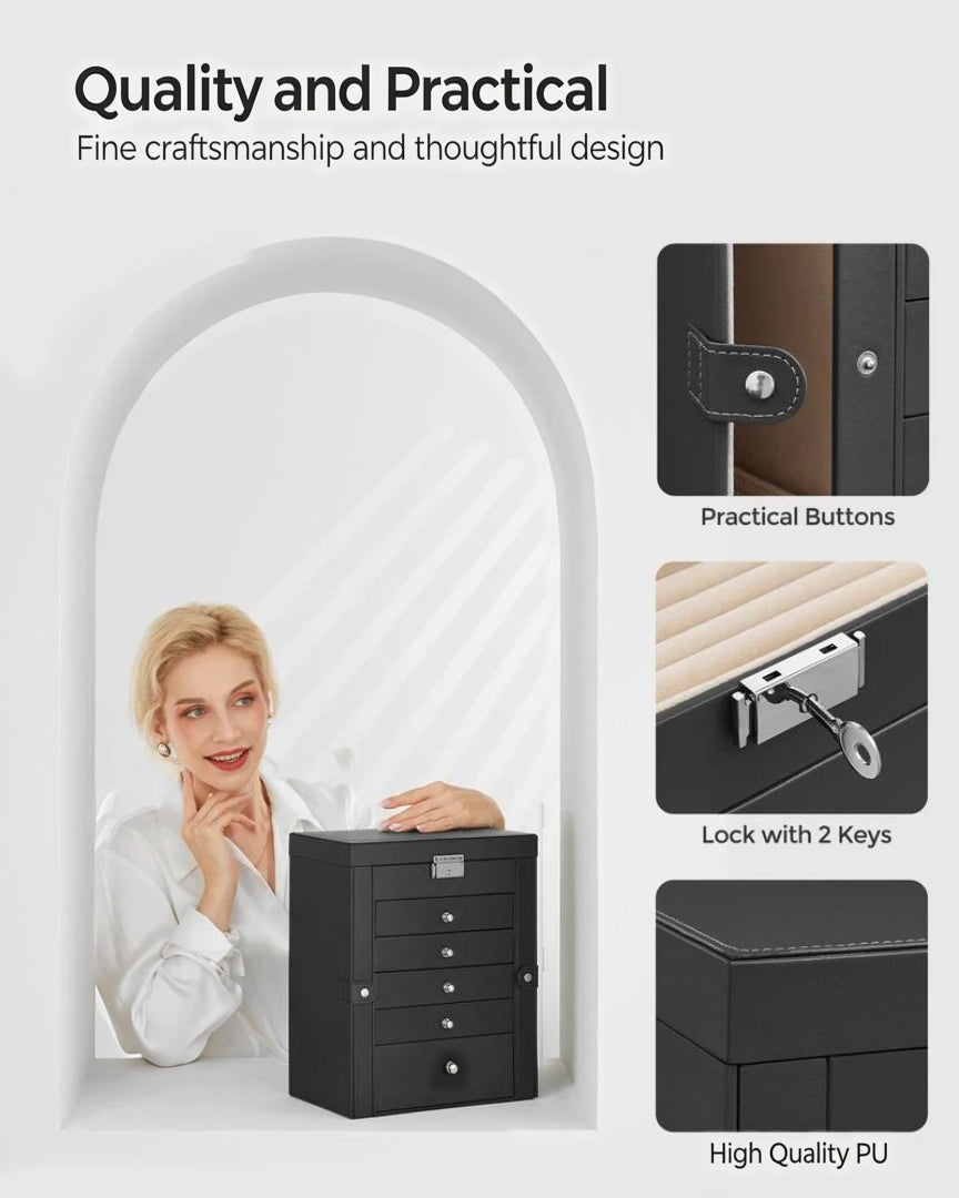 Large Jewelry Box Organizer 6 Tier With Drawers Mirror And Lock – product view 8 | Amaraloft