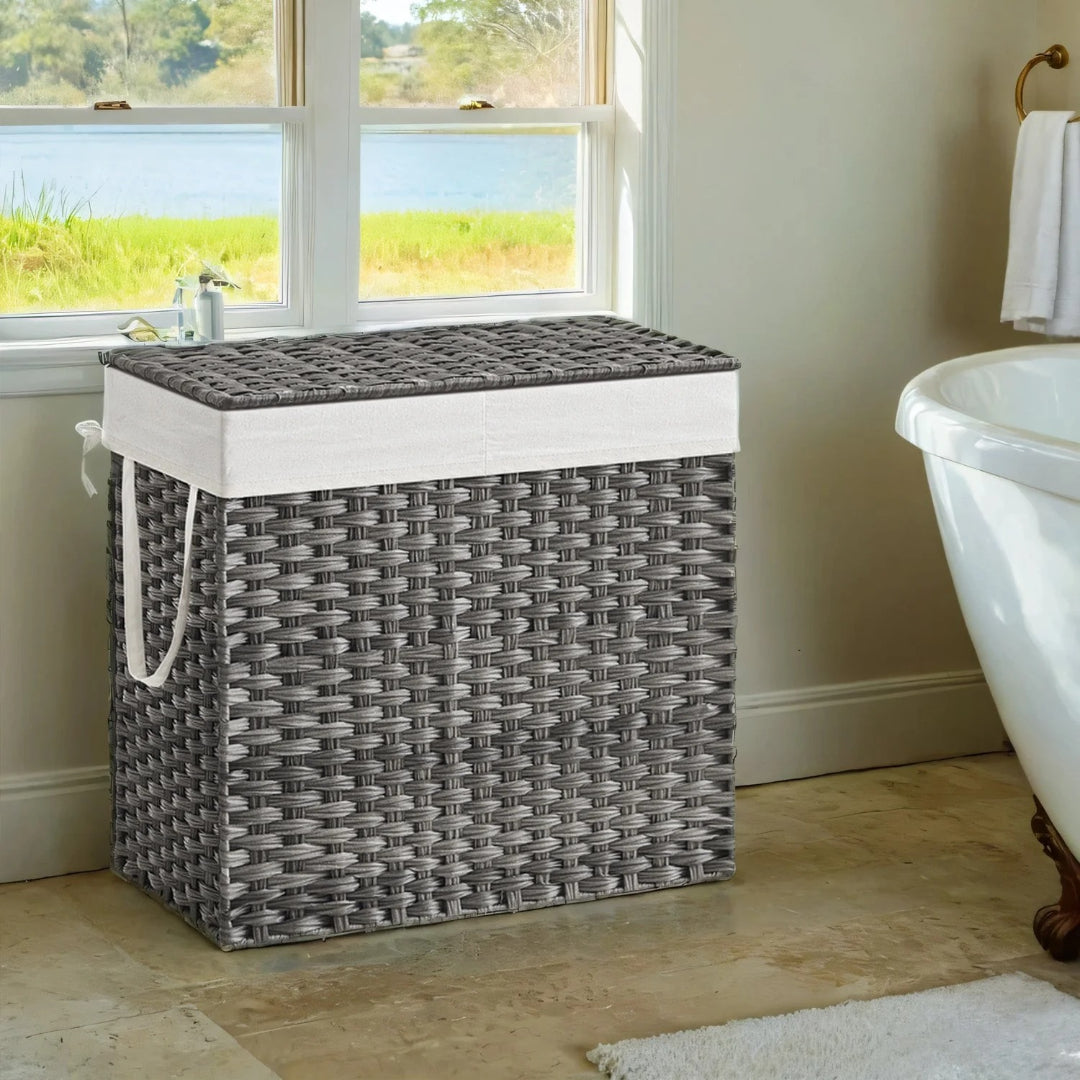 Laundry Hamper With Lid 34 Gallon 2 Section Rattan Basket – product view 2 | Amaraloft