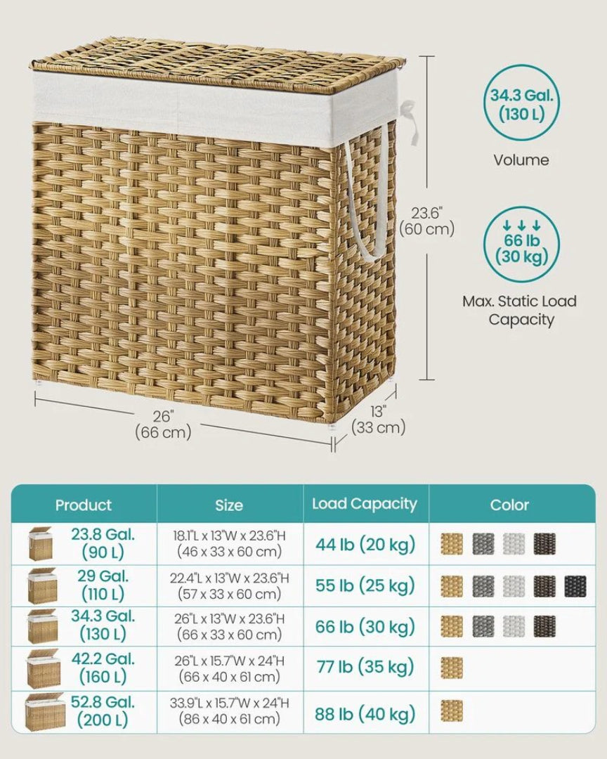 Laundry Hamper With Lid 34 Gallon 2 Section Rattan Basket – product view 10 | Amaraloft