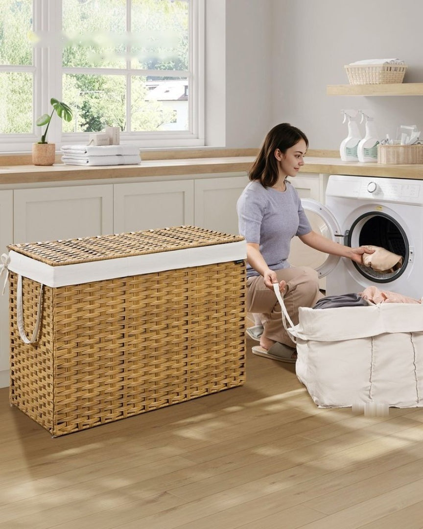 Laundry Hamper With Lid 34 Gallon 2 Section Rattan Basket – product view 16 | Amaraloft