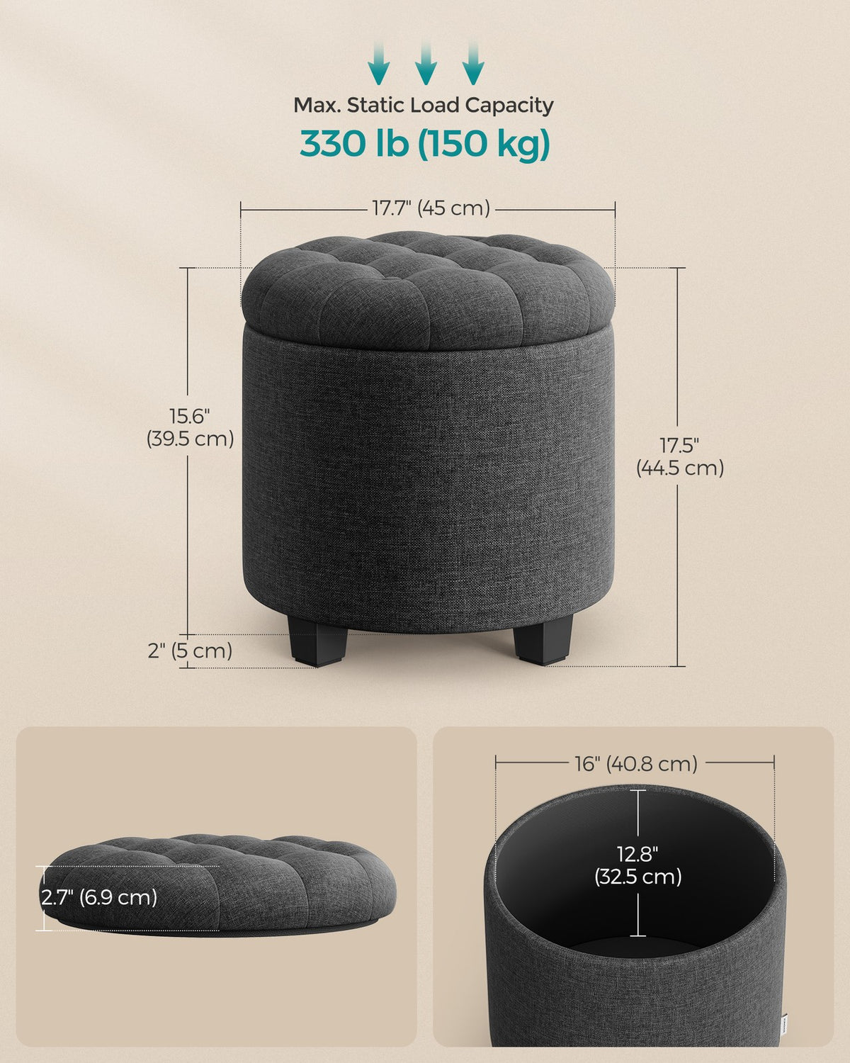 Linen Fabric Storage Ottoman - product photo 03