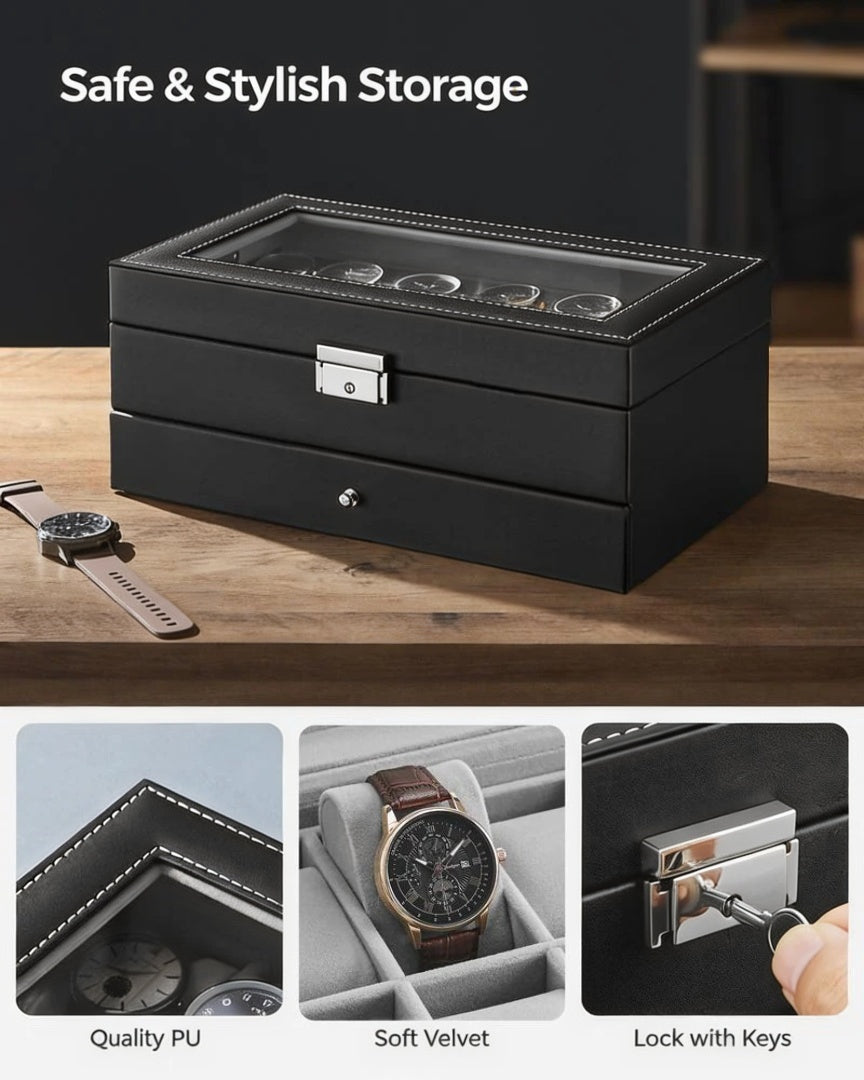 Lockable Watch Box With Glass Lid 6 8 Or 12 Slot – product view 22 | Amaraloft