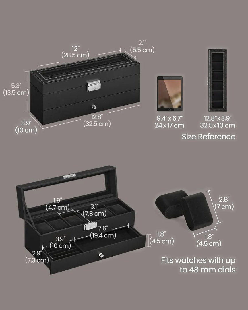 Lockable Watch Box With Glass Lid 6 8 Or 12 Slot – product view 28 | Amaraloft