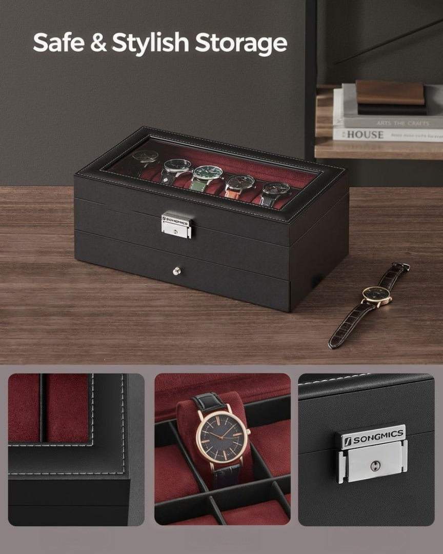 Lockable Watch Box With Glass Lid 6 8 Or 12 Slot – product view 48 | Amaraloft