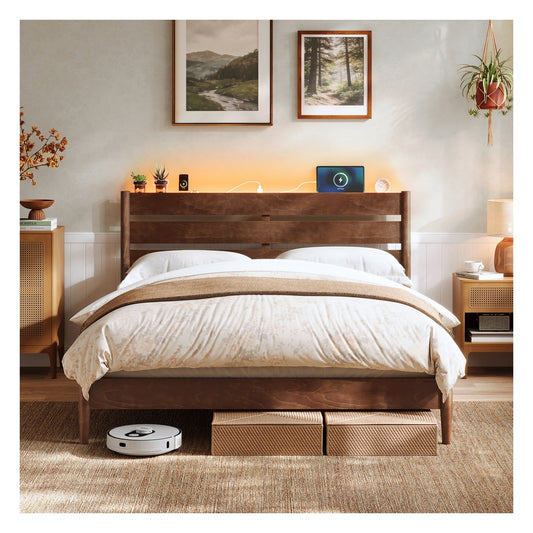 Mid-Century Modern Bed Frame With LED Headboard & Charging Station - product photo 01