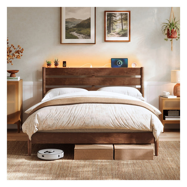 Mid-Century Modern Bed Frame With LED Headboard & Charging Station - product photo 01