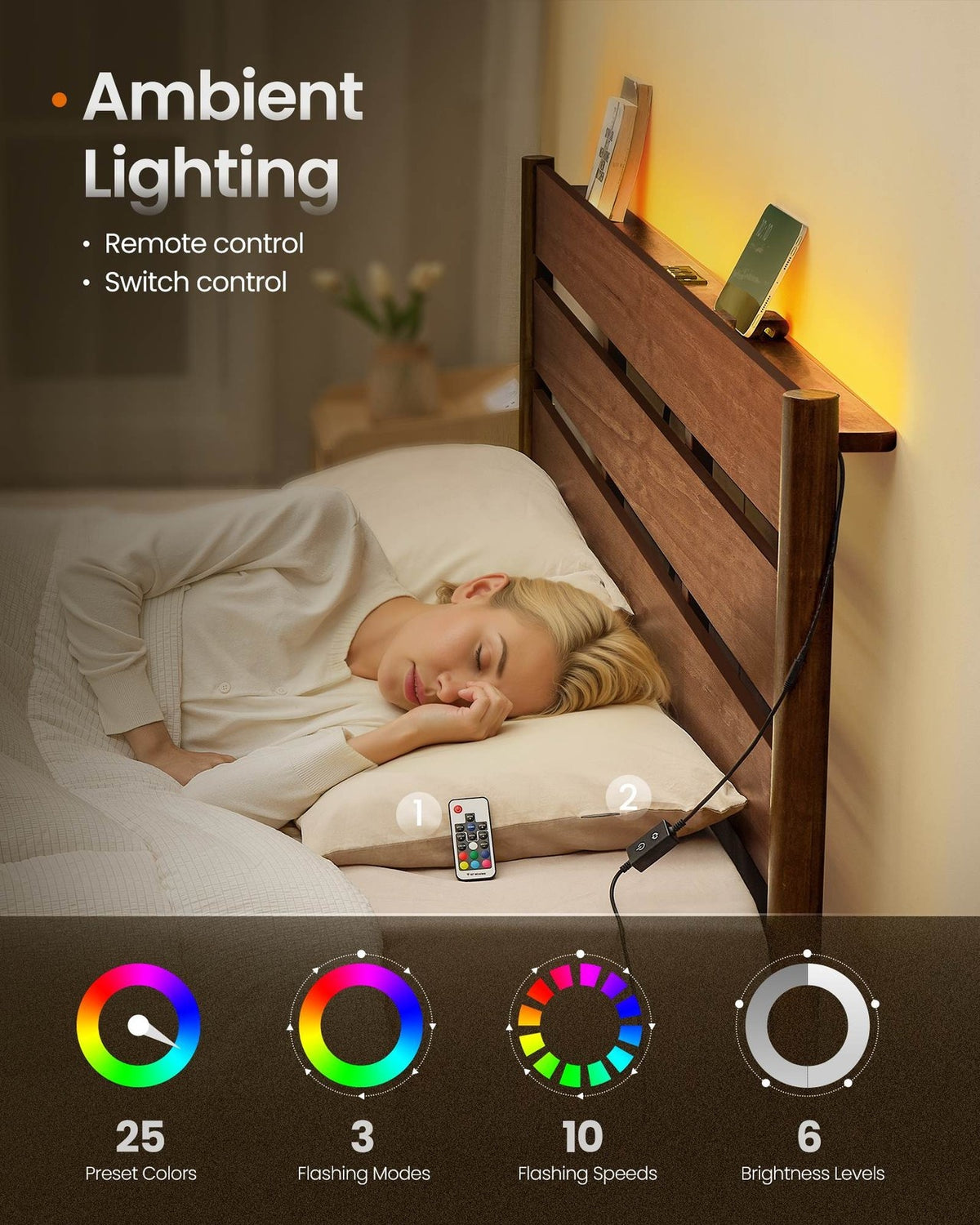 Mid-Century Modern Bed Frame With LED Headboard & Charging Station - product photo 29
