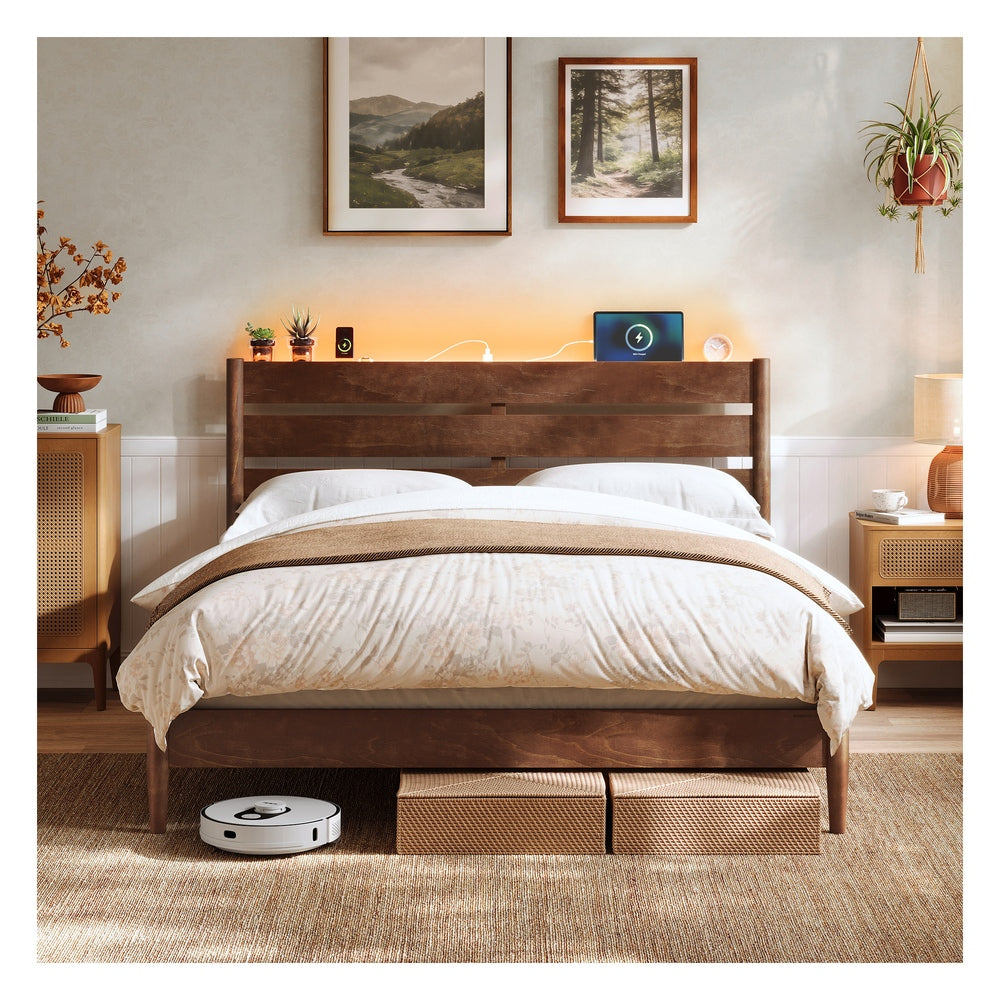Mid-Century Modern Bed Frame With LED Headboard & Charging Station - product photo 31