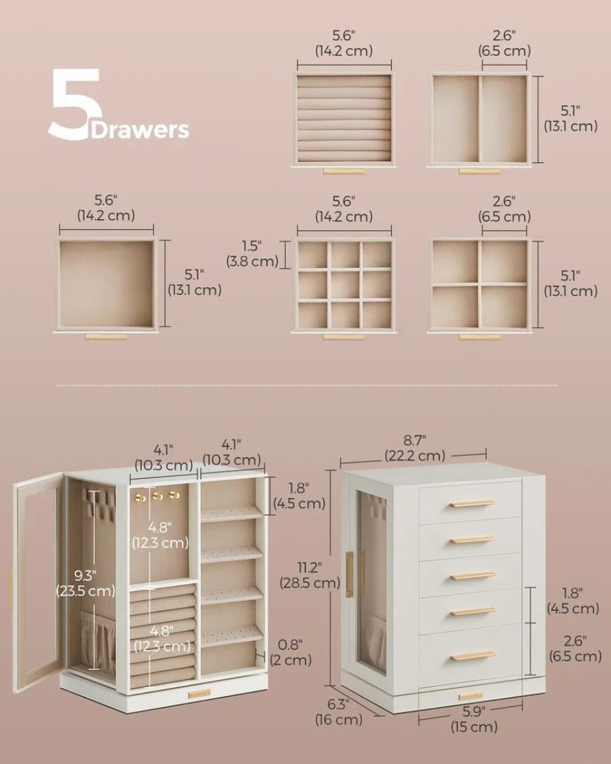 Rotating Jewelry Box Organizer With 5 Drawers And Hooks – product view 8 | Amaraloft