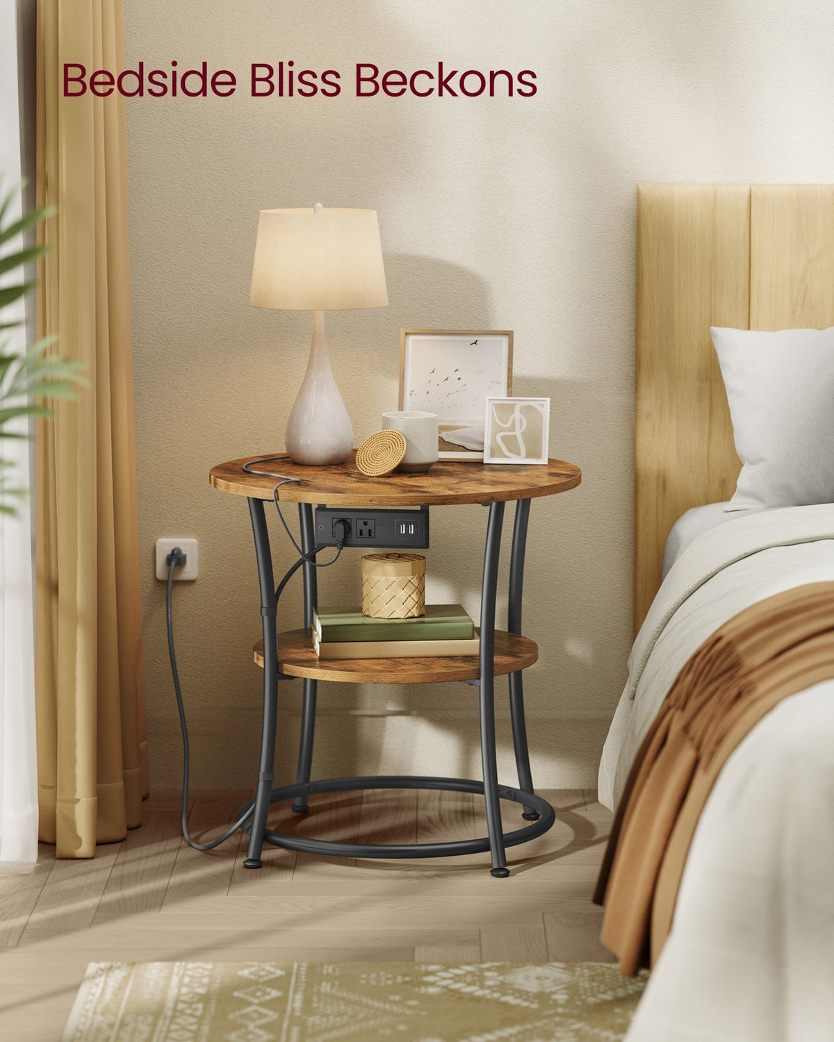 Side Table, 2-Tier Round End Table With Power Outlets - product photo 04