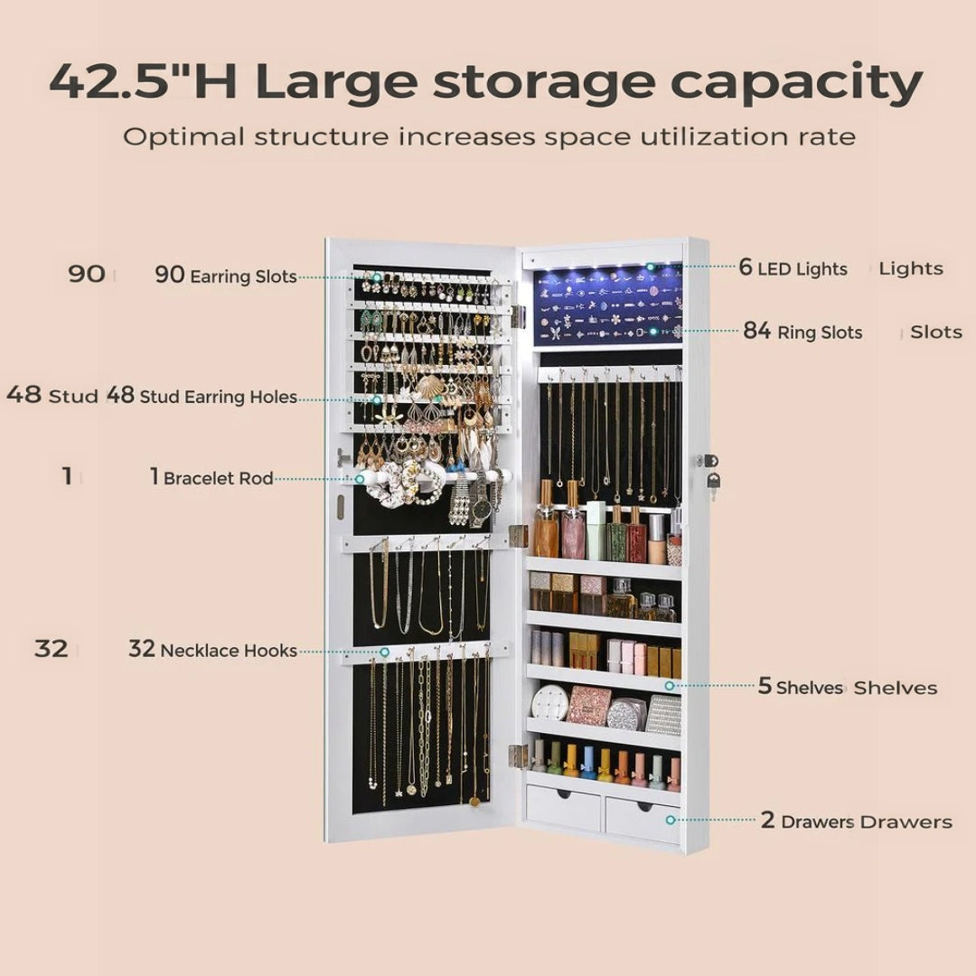 Wall Mounted Jewelry Armoire Cabinet With Mirror LED Lights – product view 9 | Amaraloft