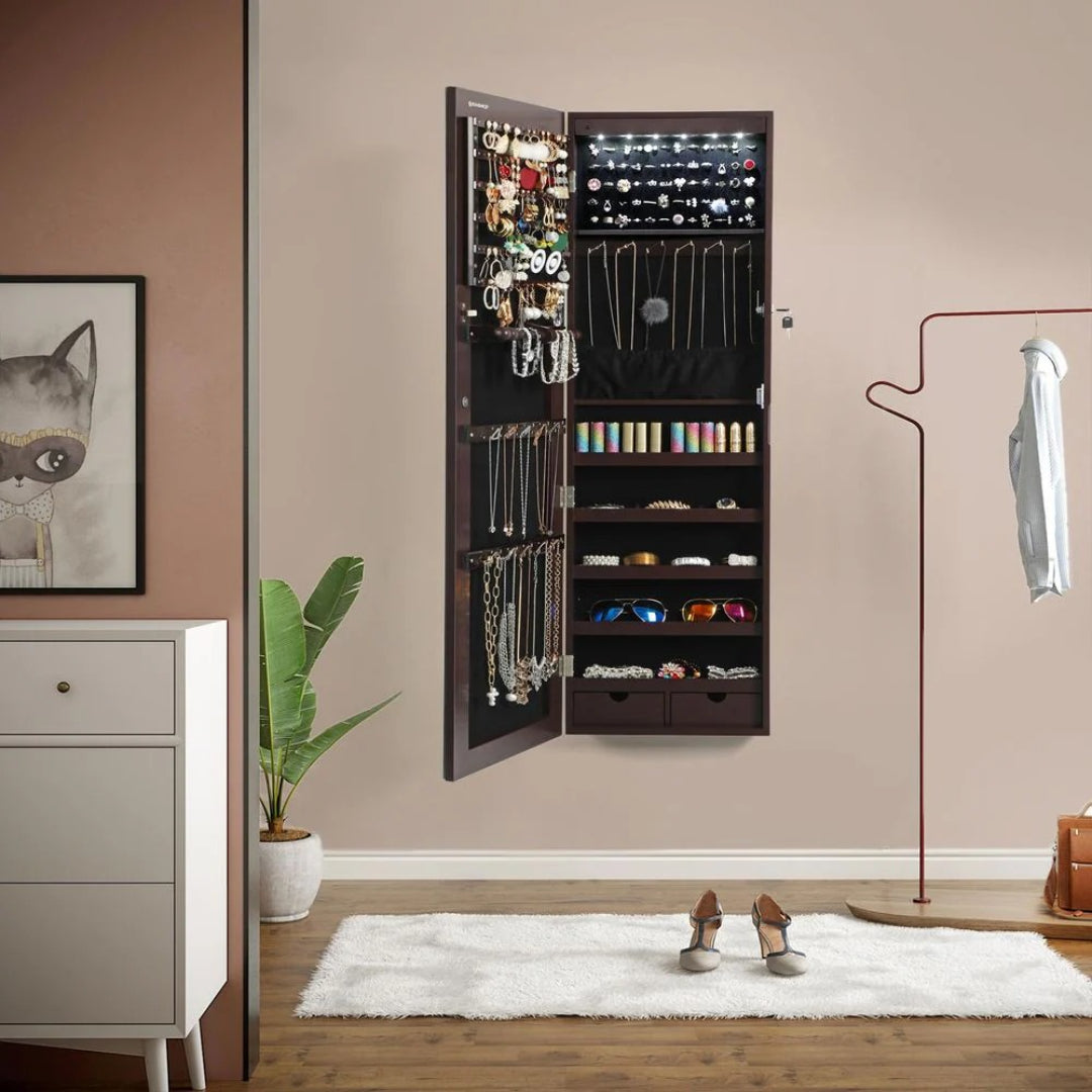 Wall Mounted Jewelry Armoire Cabinet With Mirror LED Lights – product view 15 | Amaraloft